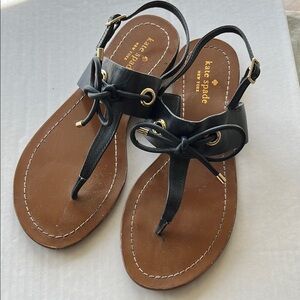 kate spade T-Strap Leather Sandals With Bow Navy With Goldtone Hardware Size 8